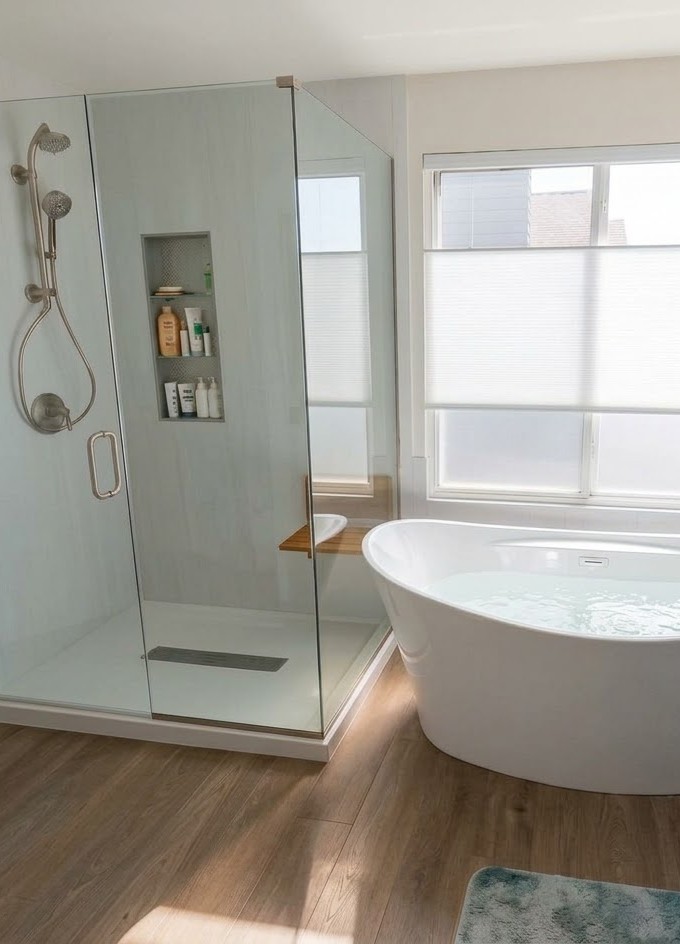 Walk-in glass shower with freestanding soaking tub in a remodeled bathroom